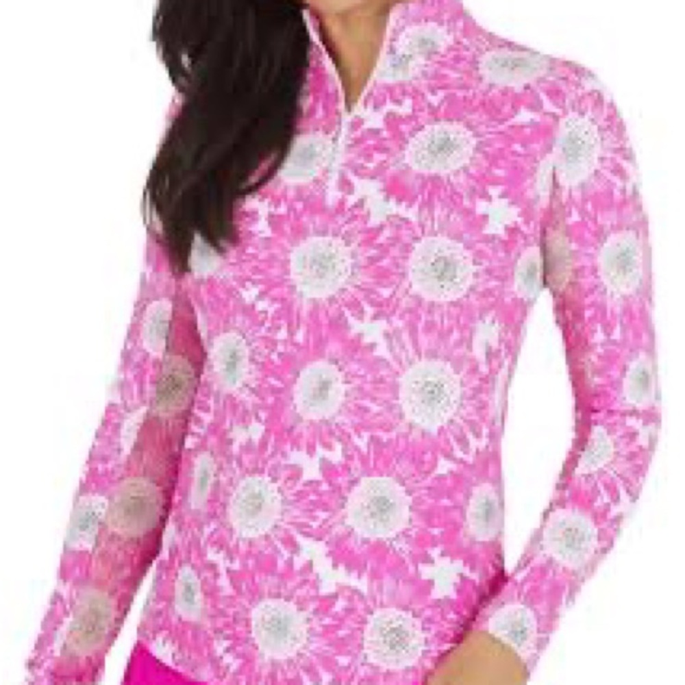 IBKÜL Ruthie hot pink white floral long sleeve qtr zip mock neck golf shirt; LG